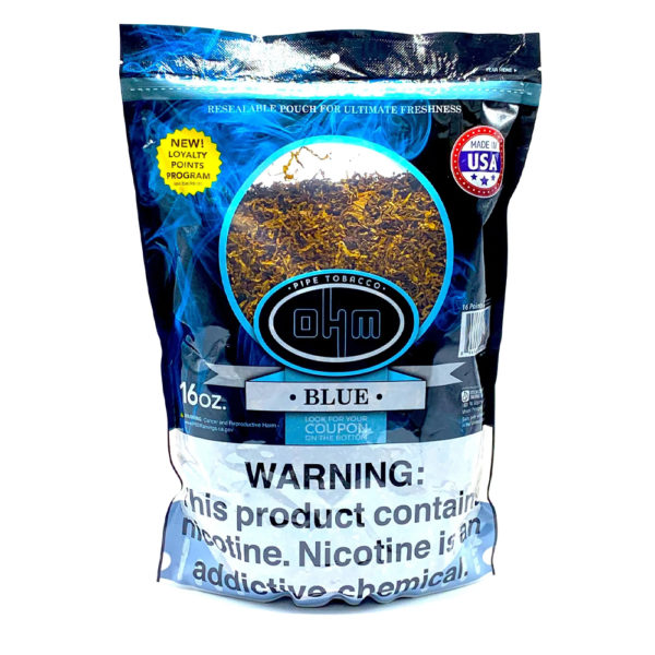 16oz bag of OHM Pipe Tobacco's Blue blend, featuring a smooth and subtle taste.