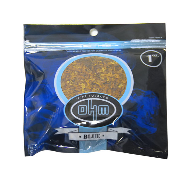 1oz bag of OHM Pipe Tobacco's Blue blend, featuring a smooth and subtle taste.