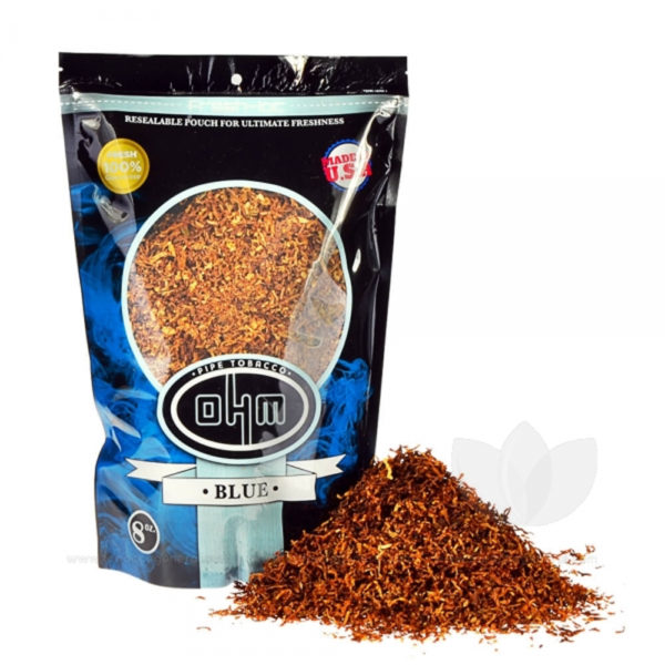 8oz bag of OHM Pipe Tobacco's Blue blend, featuring a smooth and subtle taste.