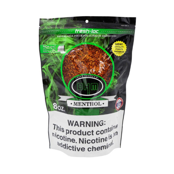 8oz bag of OHM Pipe Tobacco's Menthol blend, featuring a cool and refreshing flavor.