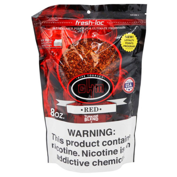 8oz bag of OHM Pipe Tobacco's Red blend, featuring a bold and robust flavor.