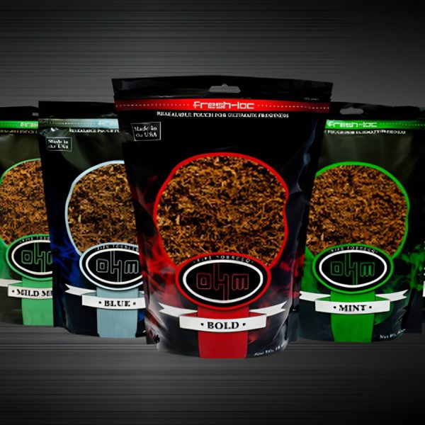 OHM Pipe Tobacco, featuring four delicious blends – Red, Blue, Silver, and Menthol – and three convenient sizes – 16oz, 8oz, and 1oz. Square