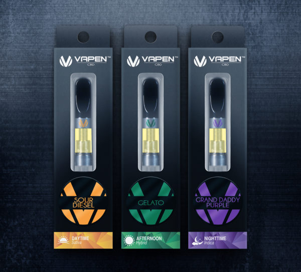 Vapen Cartridges in Sour Diesel, Gelato, and Grand Daddy Purple flavors - Premium CBD Cartridge