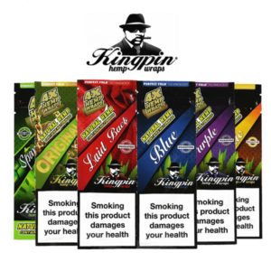 Kingpin Foil Pouch Cigar Wraps in a variety of flavors, including Mango Tango, Goomba Grape, Blakkout, Spanish Fly, Bahama Mama, Original G, and Laid Back