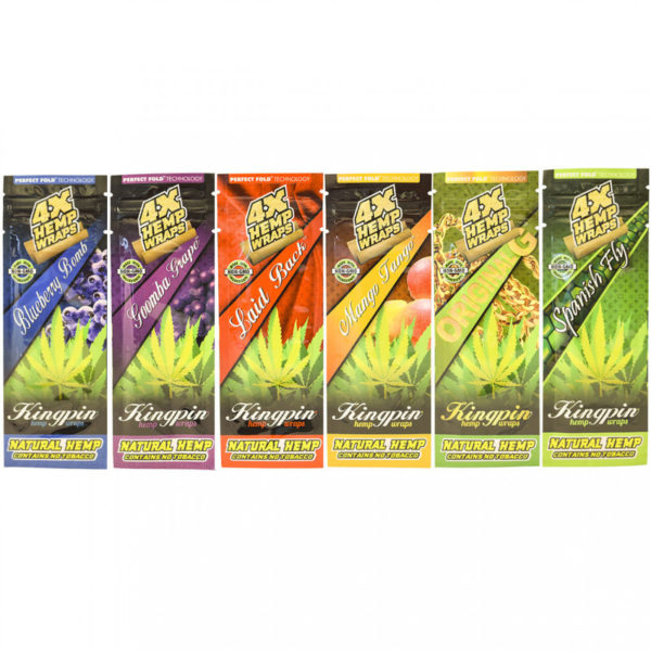 Kingpin Foil Pouch Cigar Wraps in a variety of flavors, including Mango Tango, Goomba Grape, Blakkout, Spanish Fly, Bahama Mama, Original G, and Laid Back